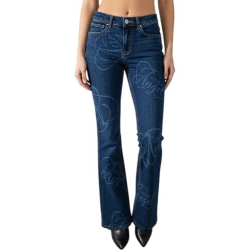 Dolls Kill NGOrder Low Rise Flare Jeans Angel Print Bootcut Size 6‎ Blue Denim